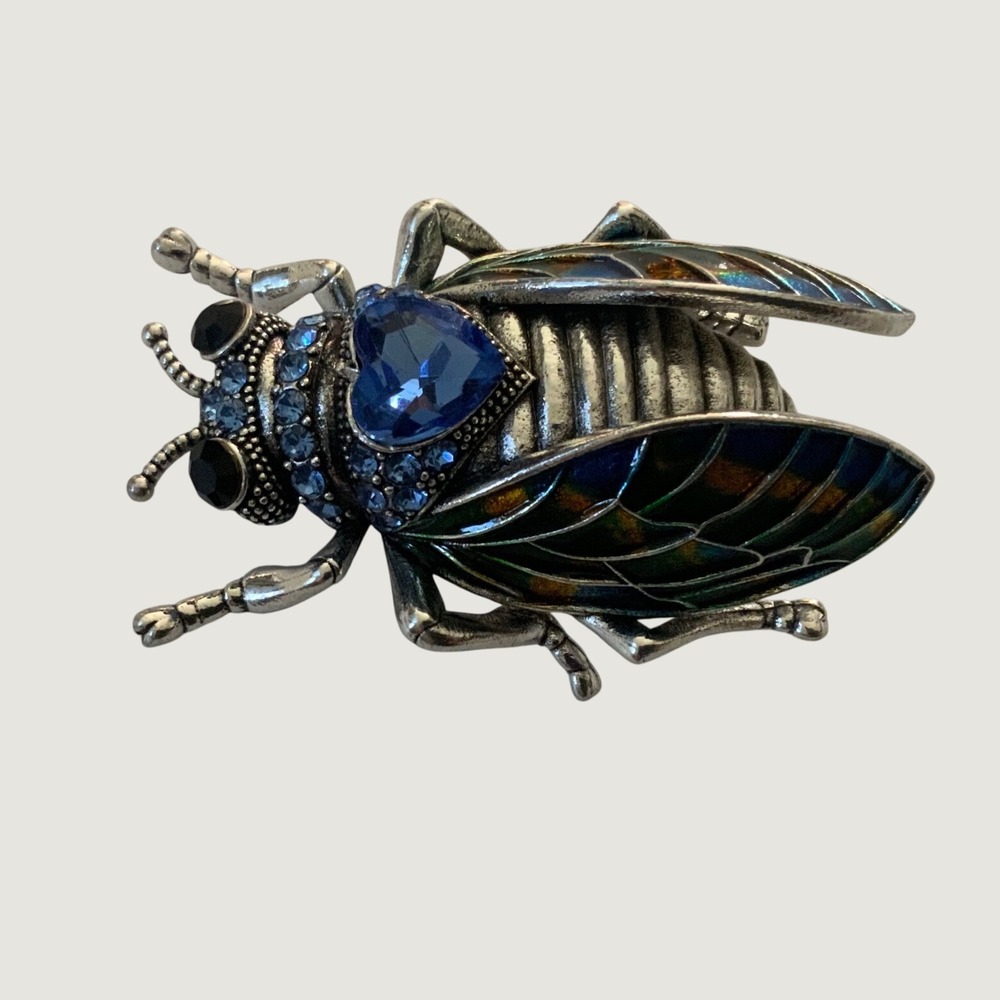 Vintage Silver Tone Cicada Beetle Brooch Heart Blue Crystal Enamel Insect Pin